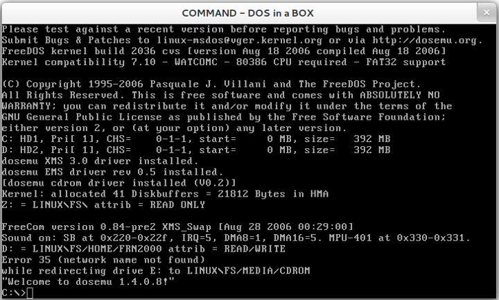DOSEMU 1.4.0 after boot (Ubuntu GNOME Linux)