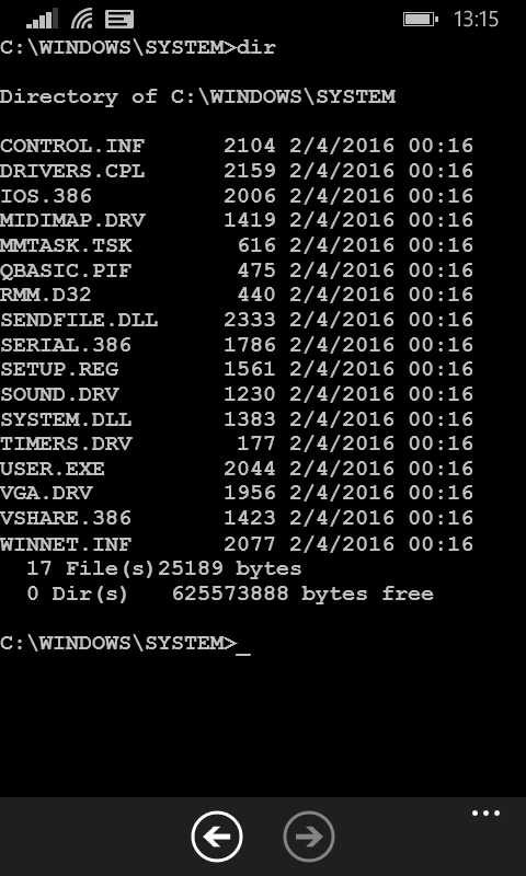 MS-DOS Mobile — DIR C:\WINDOWS\SYSTEM>