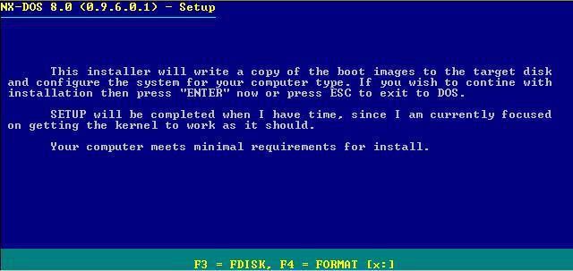 NX-DOS installation screen, courtesy of the NX-DOS Project as SourceForge; http://nxdos.sourceforge.net/